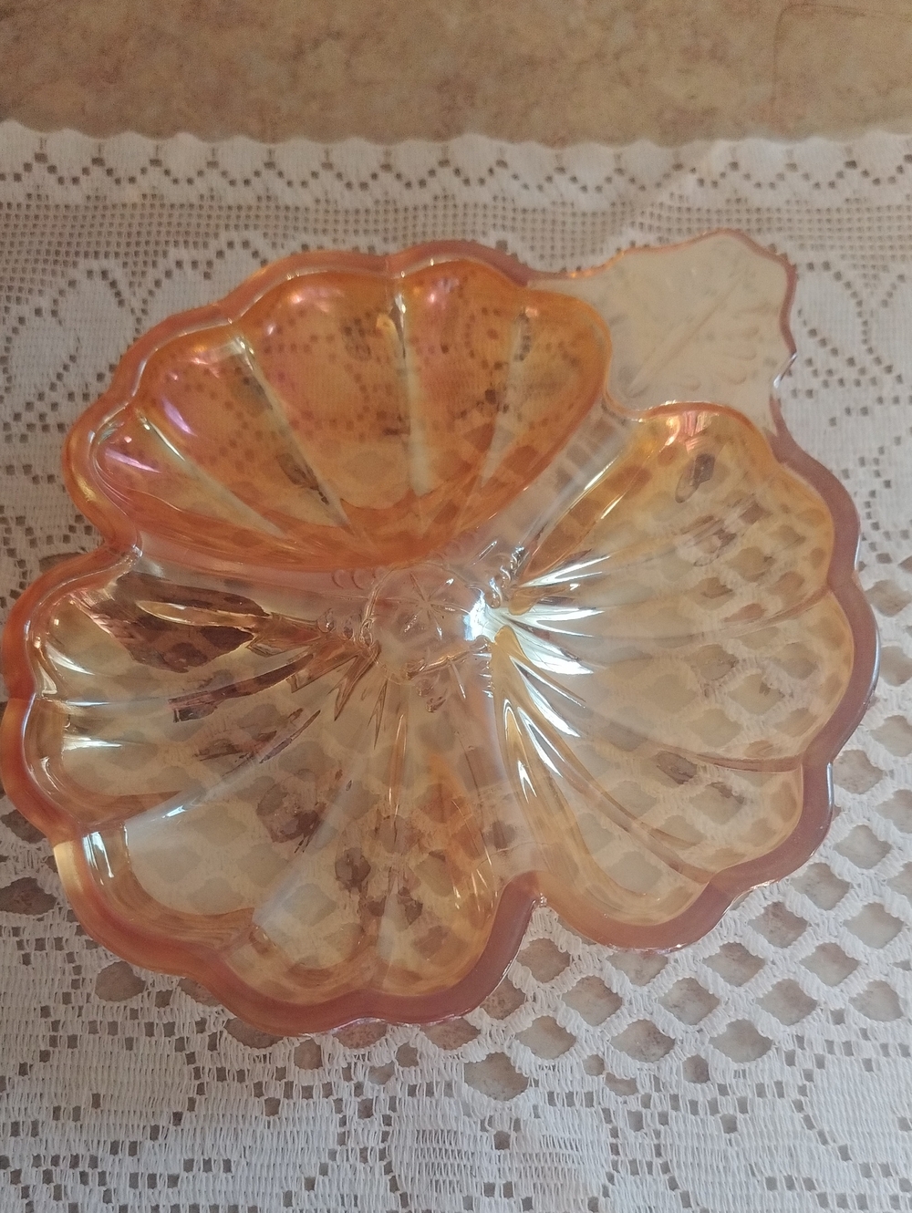 Vintage Jeannette Carnival Glass Divided Candy Dish in a Marigold Iridescent